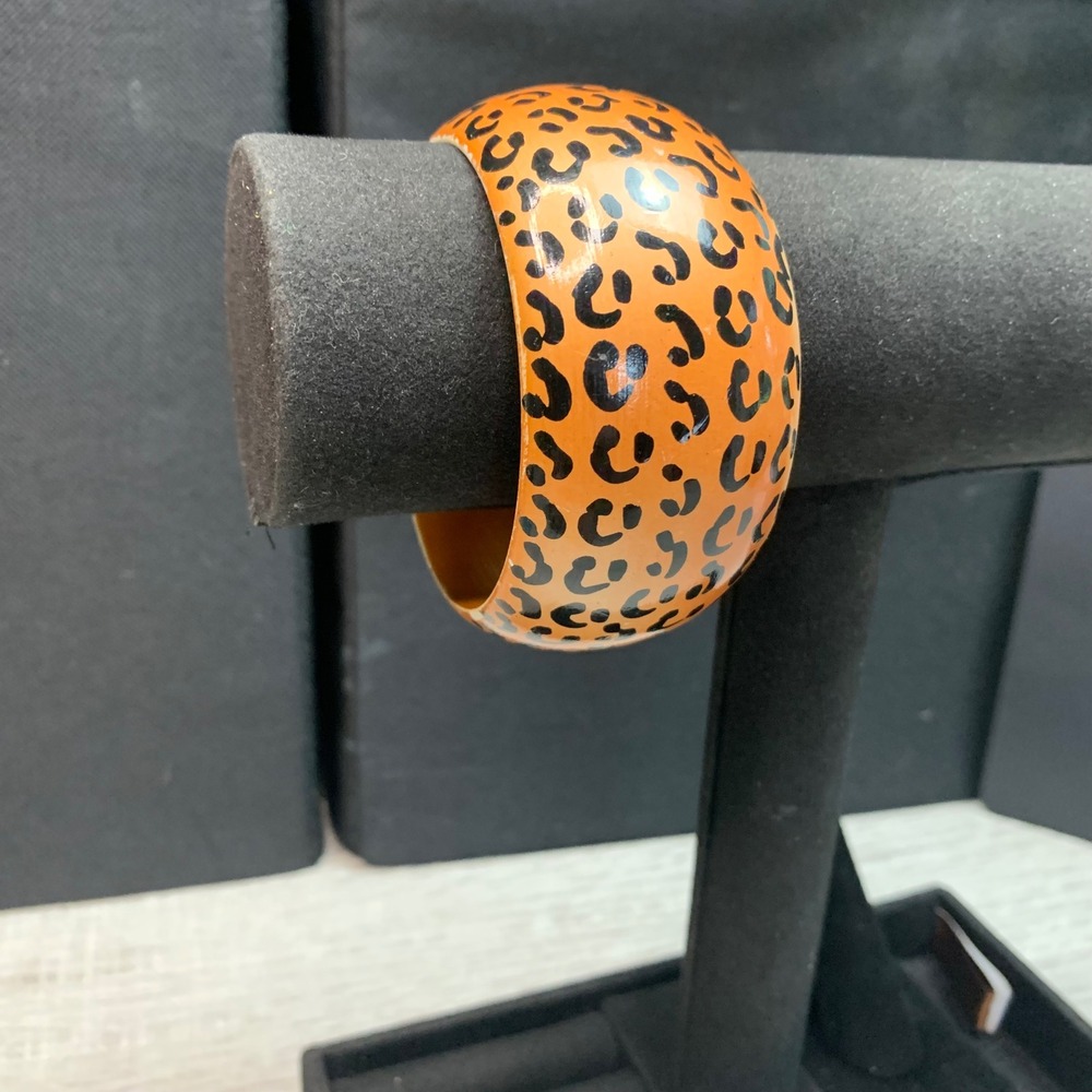Vintage Orange Leopard Print Chunky Bangle Bracelet Animal Pattern Statement